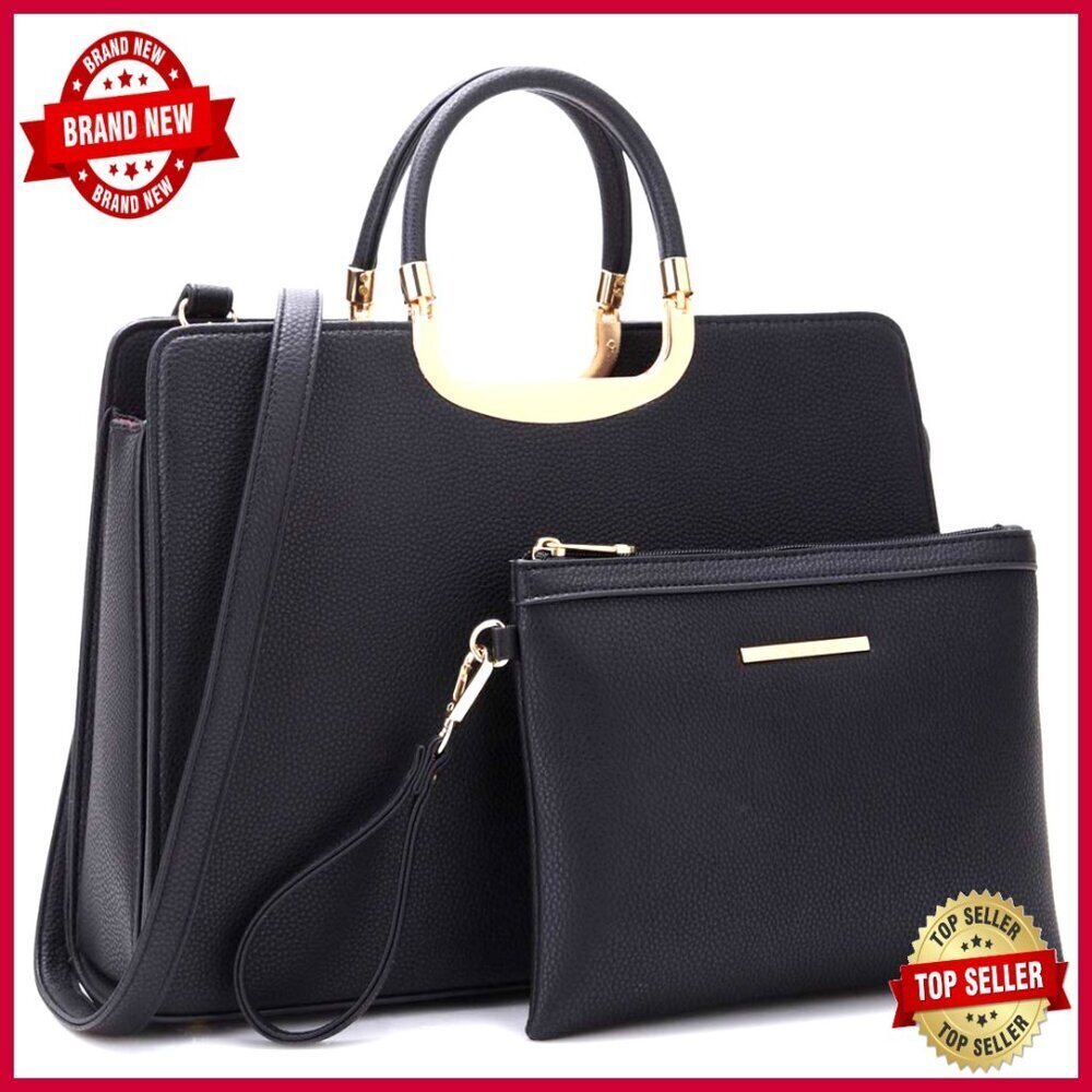 Large Vegan Leather Satchel with Detachable Strap, Matching Wallet, Multi-Pocket